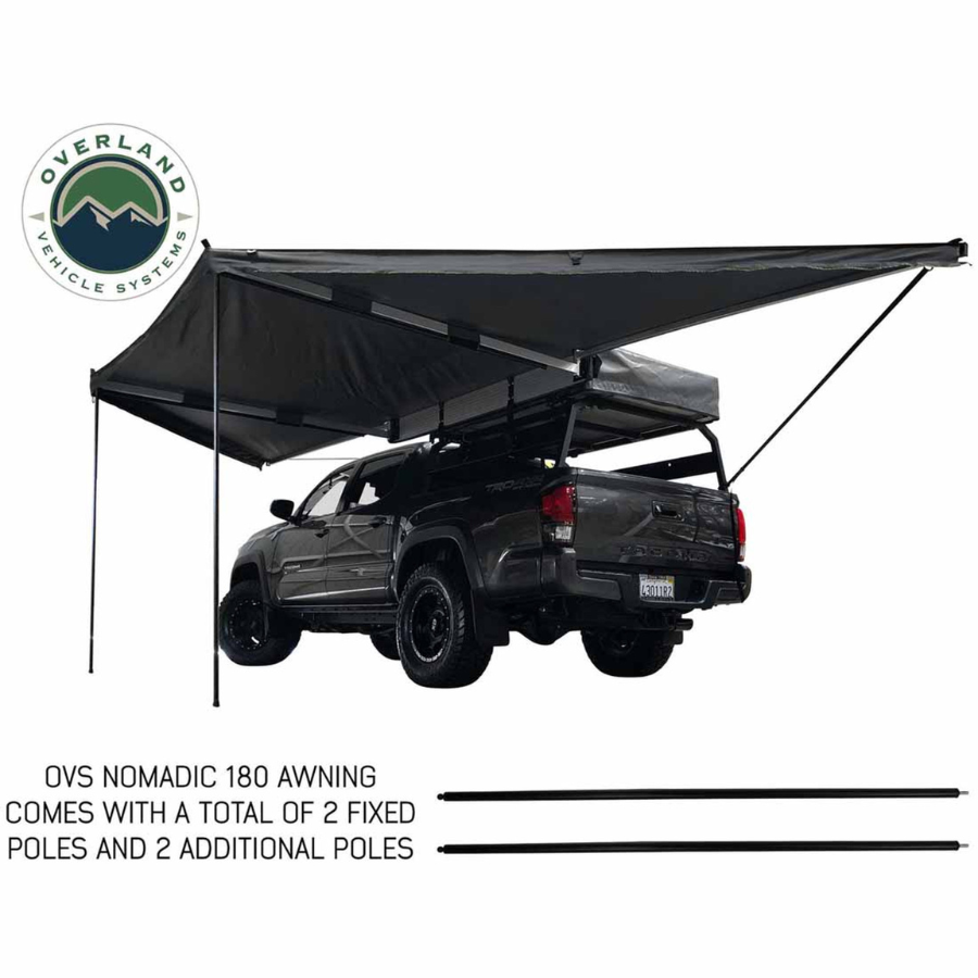 OVS HD Nomadic 180 Degree Awning - Dark Grey With Black Travel Cover Universal with support poles 