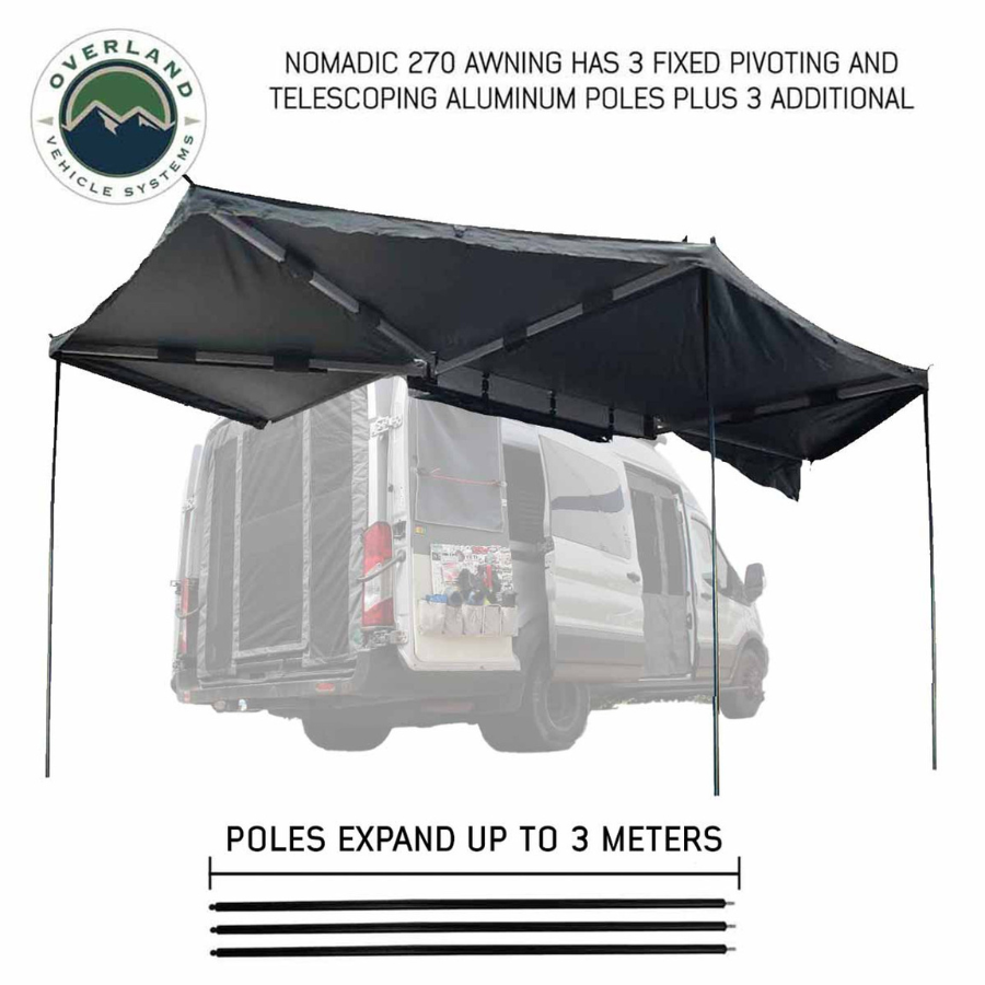 OVS HD Nomadic 270 Degree Awning - Passenger Side - Dark Gray Awning With Black Cover top view with telescoping poles deployed 