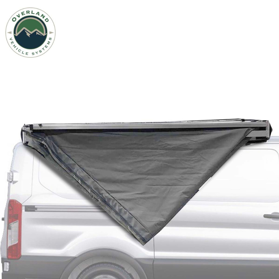 OVS HD Nomadic 270 Degree Awning - Passenger Side - Dark Gray Awning With Black Cover top view folded closed 