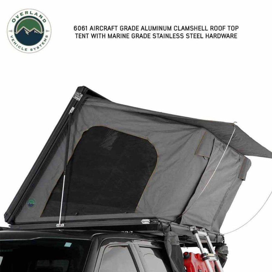 OVS HD Sidewinder Side Load Aluminum Hard Shell Roof Top Tent, Grey Body & Green Trim stainless steel hardware