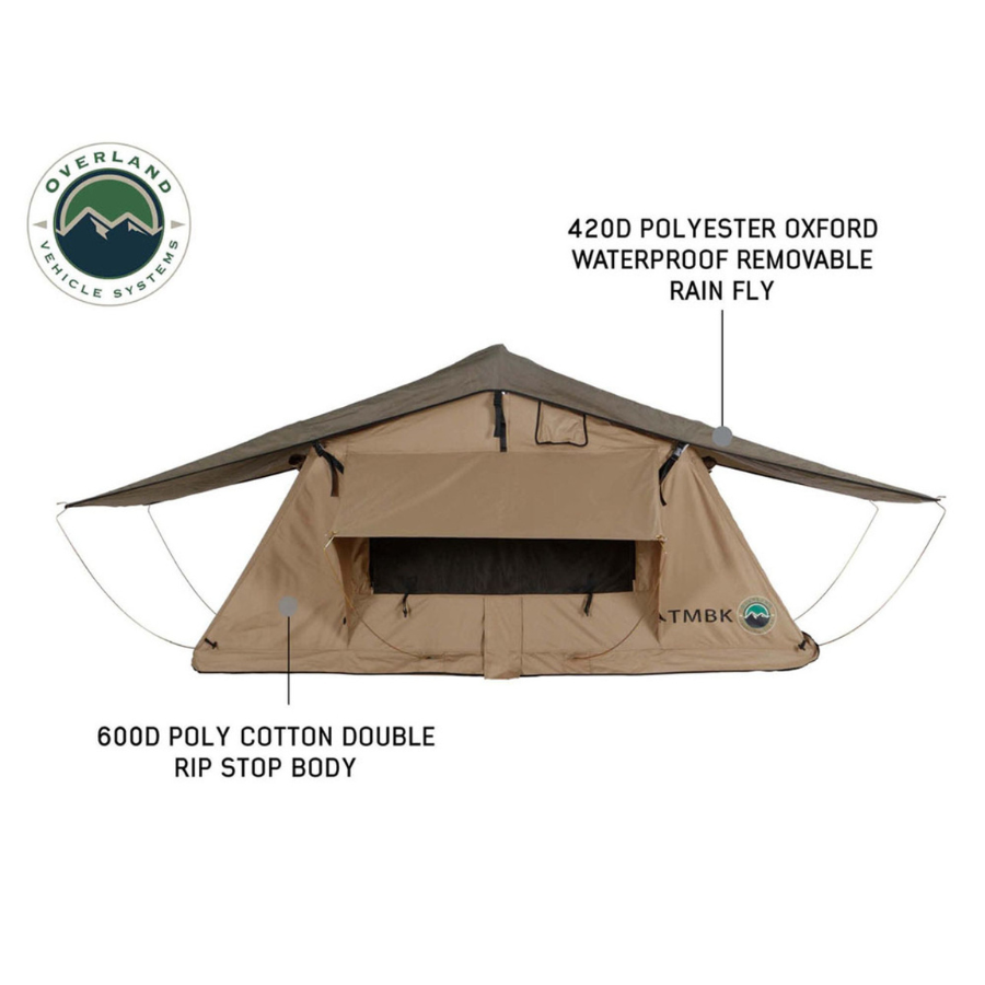 OVS LD TMBK 3 Soft Shell Roof Top Tent, Tan Body & Green Rainfly side view 