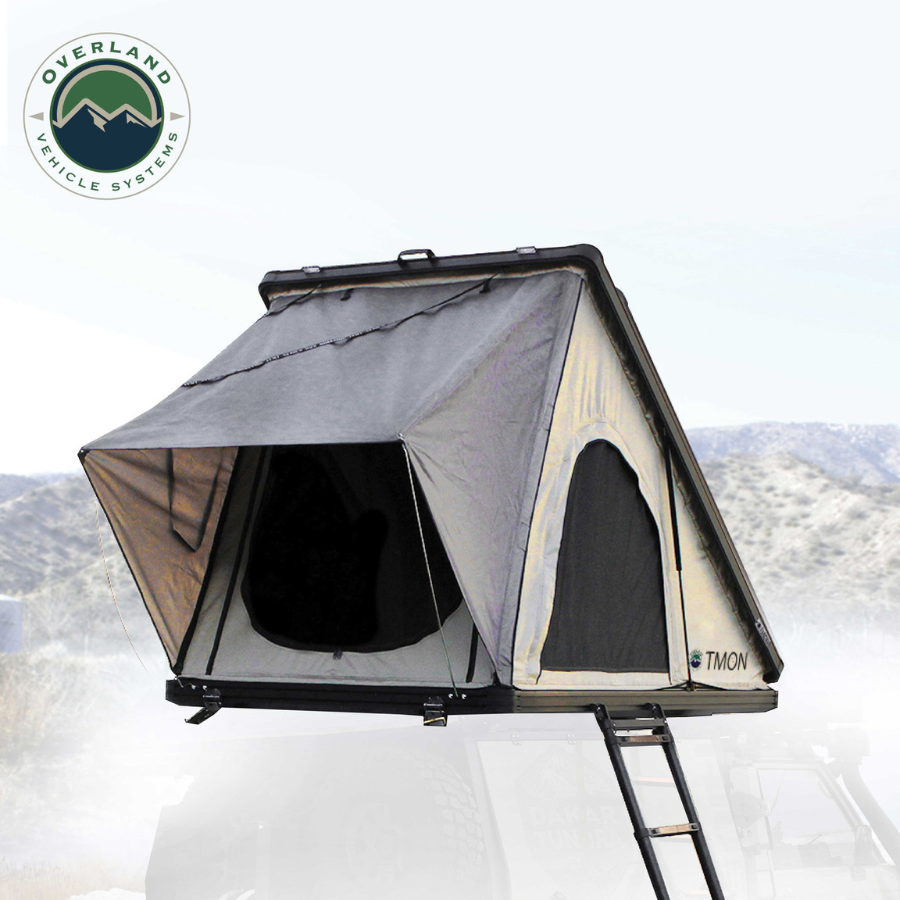 OVS LD TMON Clamshell Aluminum Hard Shell Roof Top Tent - 2 Person Capacity, Tan Body & Green Rainfly