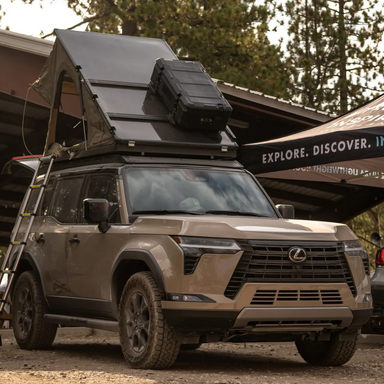 Inspired Overland Carbon Fiber Crossbar Kit on rooftop tent with storage box mounted