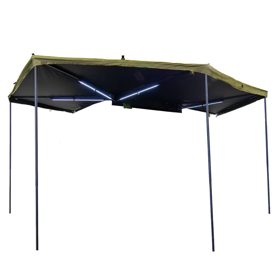 23ZERO Peregrine PRO 6 Arm Freestanding 270-Degree Awning front view with support poles and LED lights