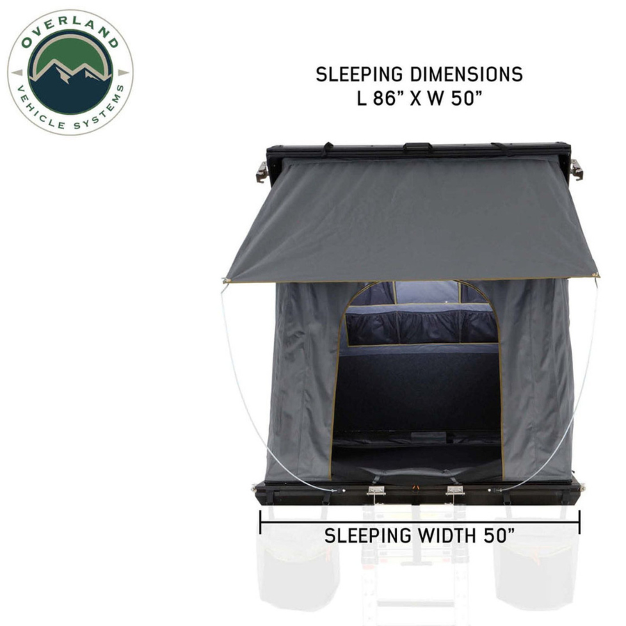 OVS HD Mamba Clam Shell Aluminum Hard Shell Roof Top Tent, Grey Body & Green Trim sleeping dimensions