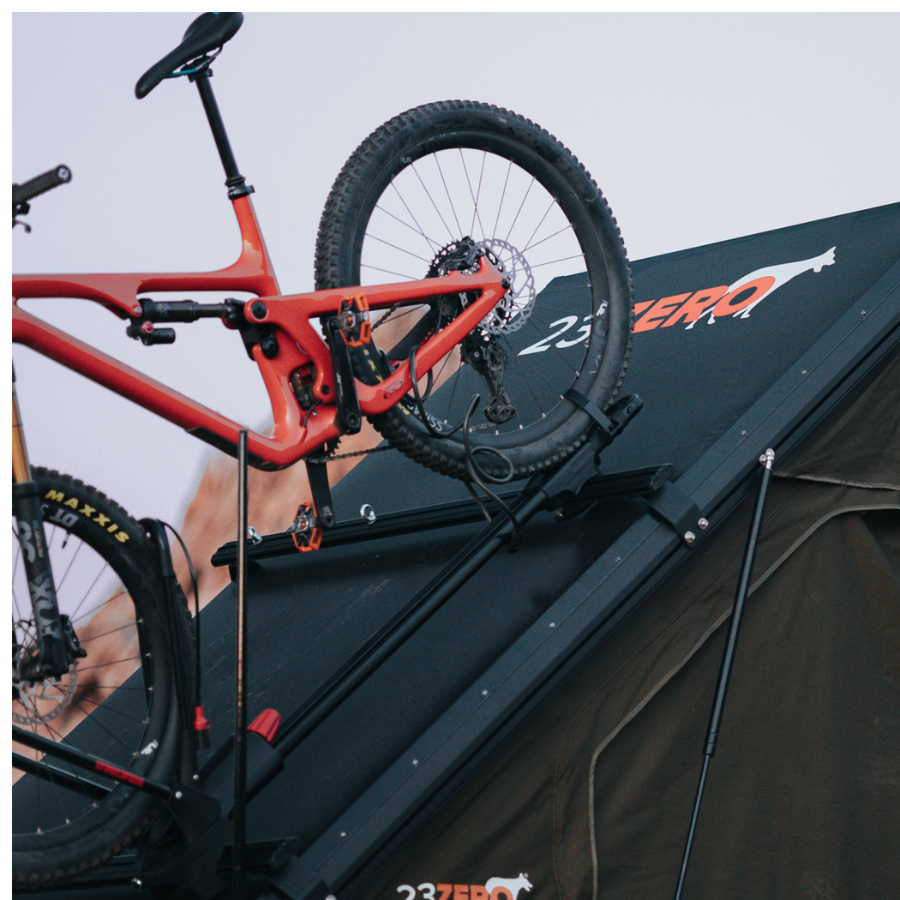 23ZERO Kabari Original Roof Bar Pair tent open with bike mounted