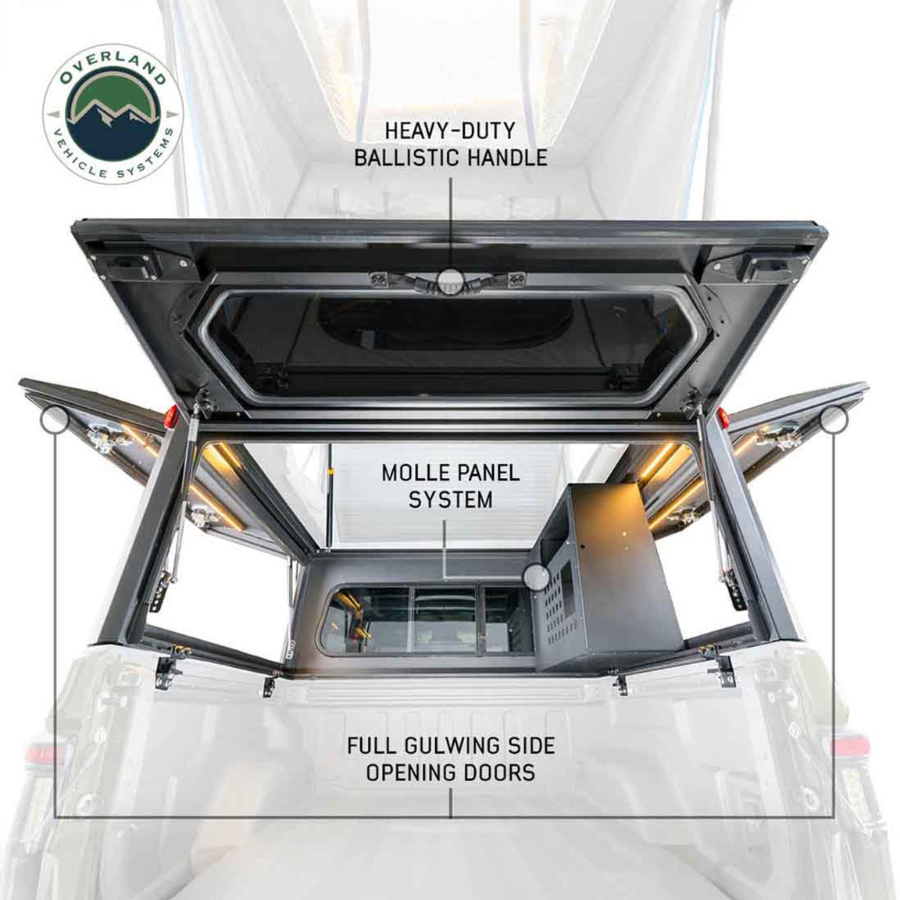 OVS MagPak - Camper Shell/Roof Top Tent Combo with Lights, Rear Molle Panel, Side Tie Downs, Front & Rear Windows info