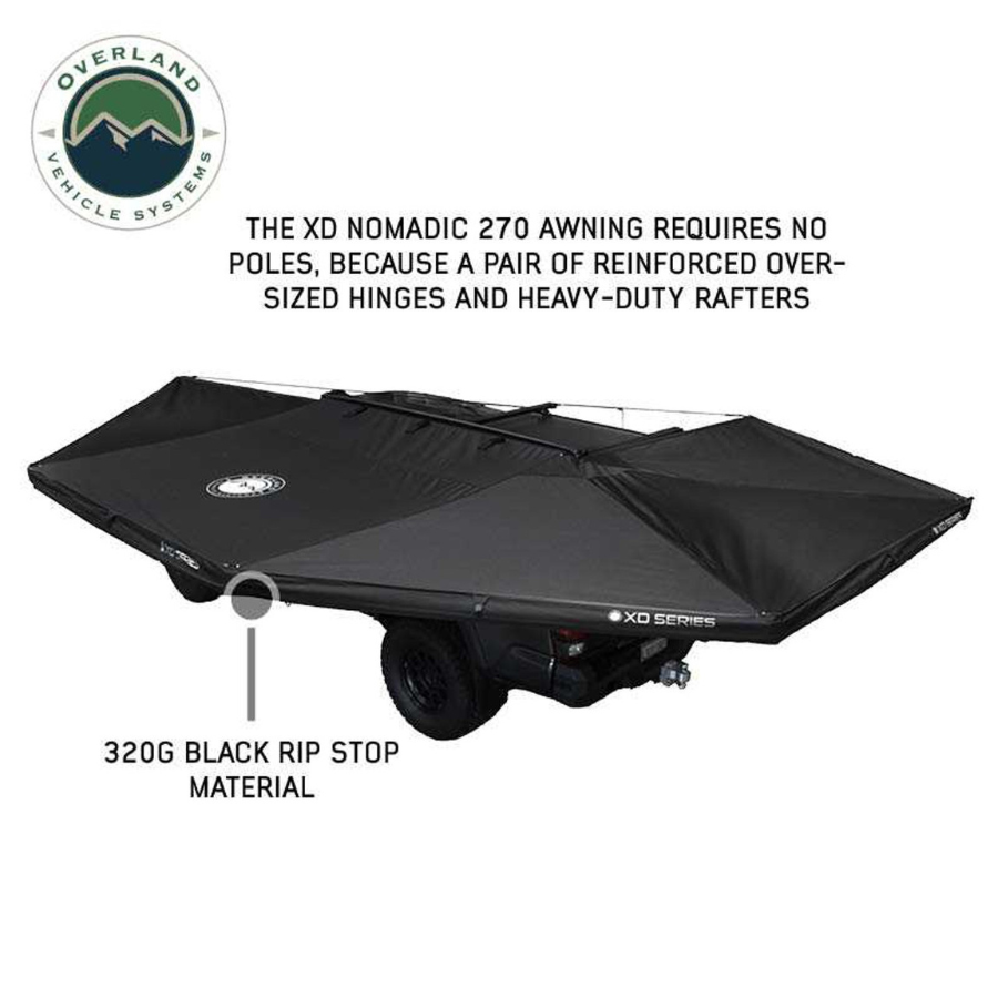 OVS XD Nomadic 270 Degree Awning W/Lights & Black Out - Black Body, Grey Trim & Black Travel Cover without telescoping poles deployed 