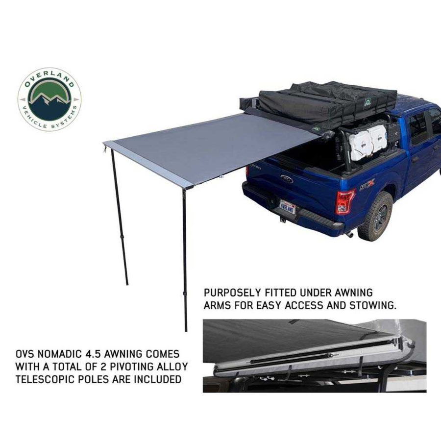 OVS HD Nomadic 4.5' Awning - Grey Body, Green Trim & Black Travel Cover with poles deployed