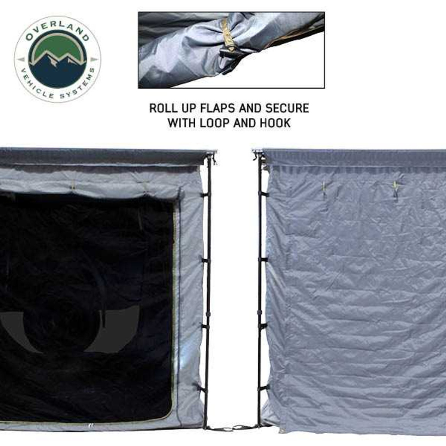 OVS HD Nomadic Awning Room Enclosure, Grey Body, Green Trim (4 Walls & Floor) door rolled up vs down