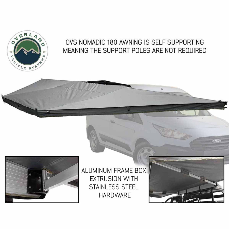 OVS HD Nomadic 180 Degree Awning with Bracket Kit for Mid - High Roofline Vans without telescoping poles deployed 