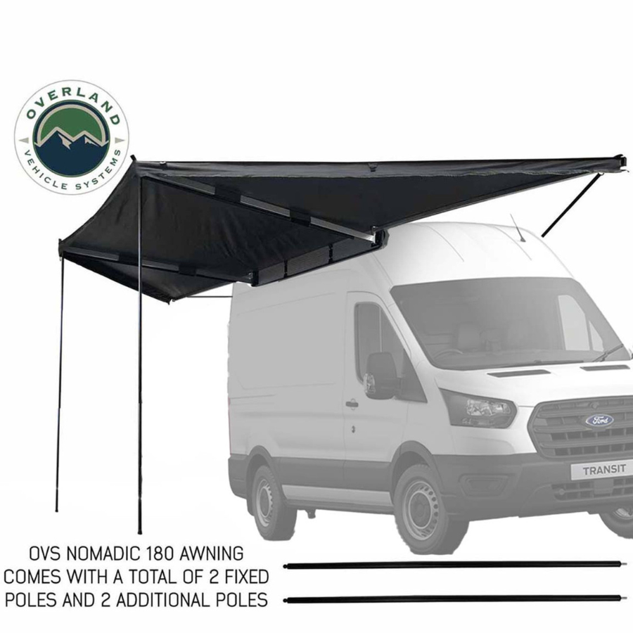 OVS HD Nomadic 180 Degree Awning with Bracket Kit for Mid - High Roofline Vans with telescoping poles deployed 