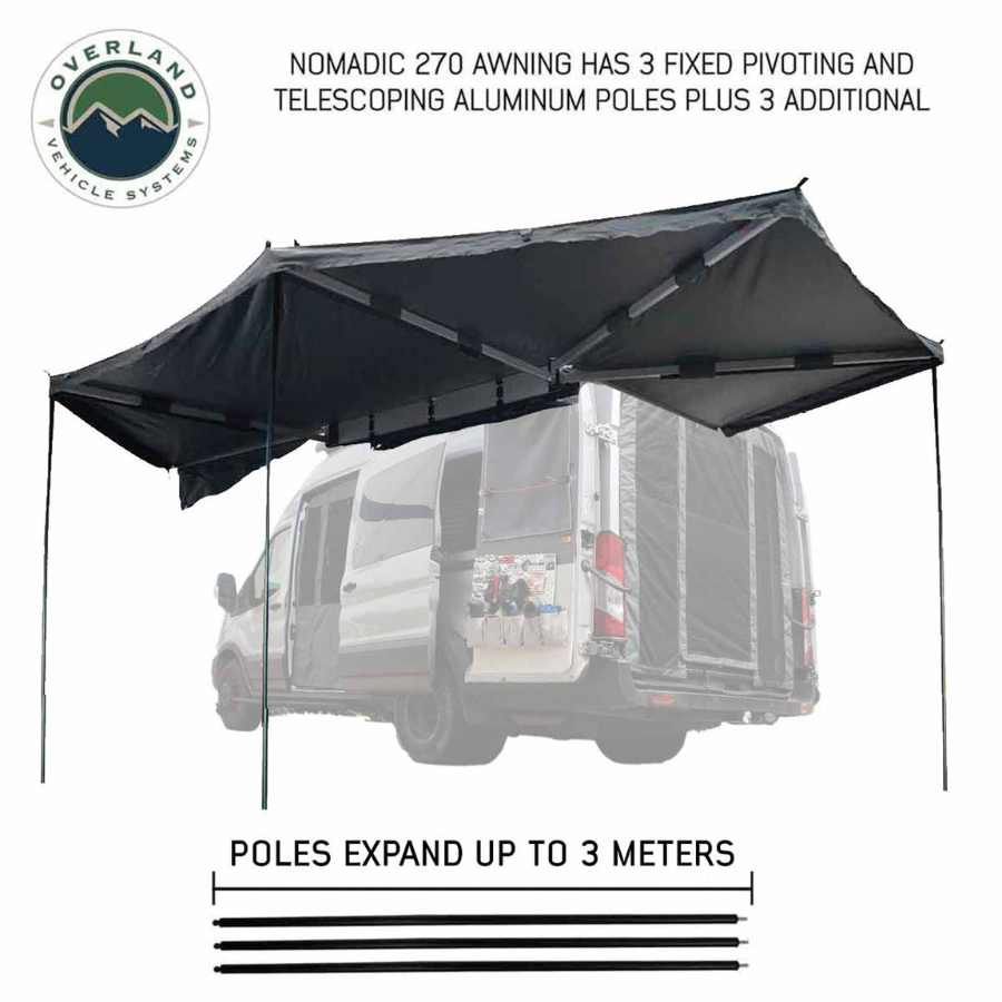 OVS HD Nomadic 270 Degree Driver Side Awning with Bracket Kit for Mid - High Roofline Vans with telescoping poles deployed 