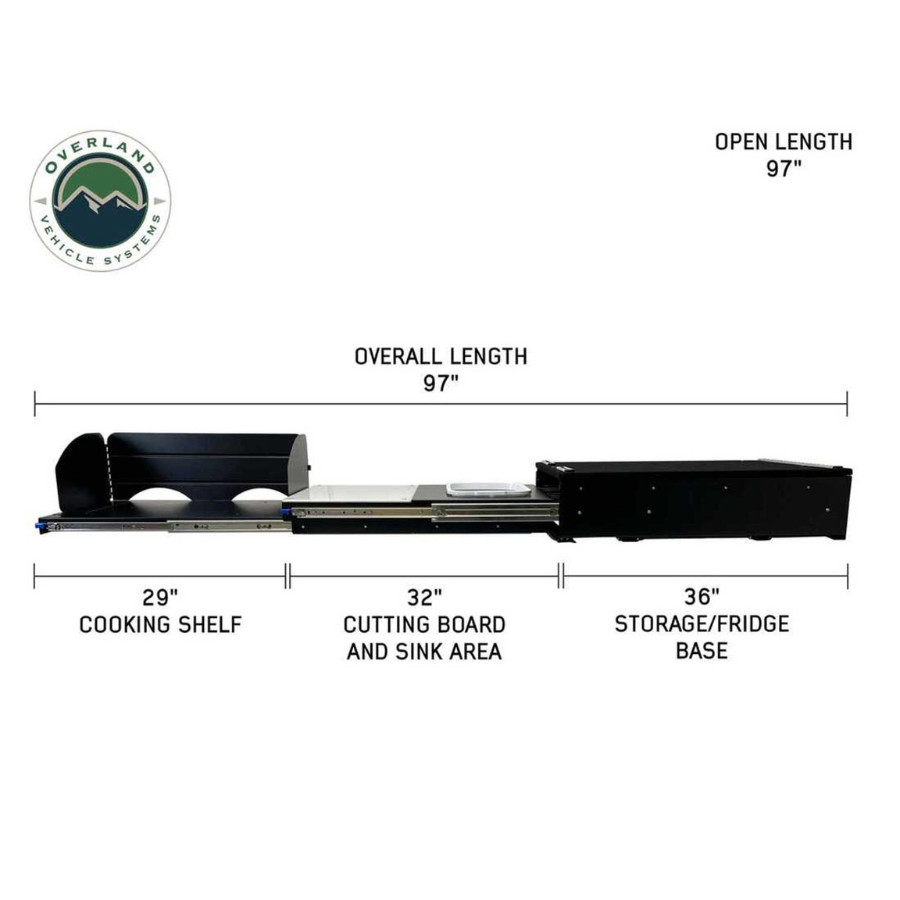 OVS Camp Cargo Box Kitchen With Slide Out Sink, Cooking Shelf and Work Station extended dimensions