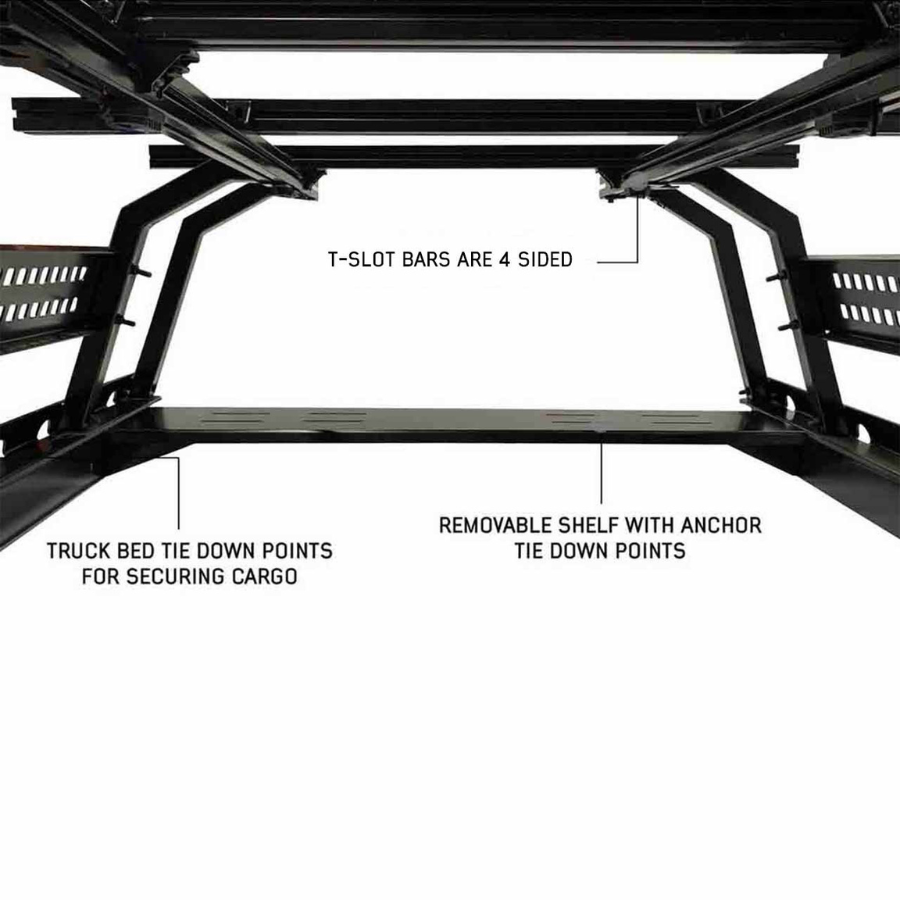 OVS Discovery Rack - Mid Size Truck Short Bed Application t-slot bars, tie down points, removable shelf with anchor tie down points