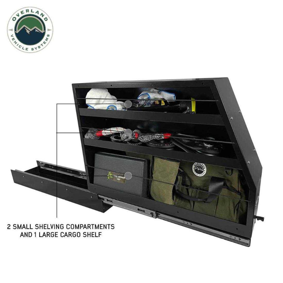 OVS Highline Slide Out Camping Storage System - Black Powder Coat 2 small shelving compartments and 1 large cargo shelf