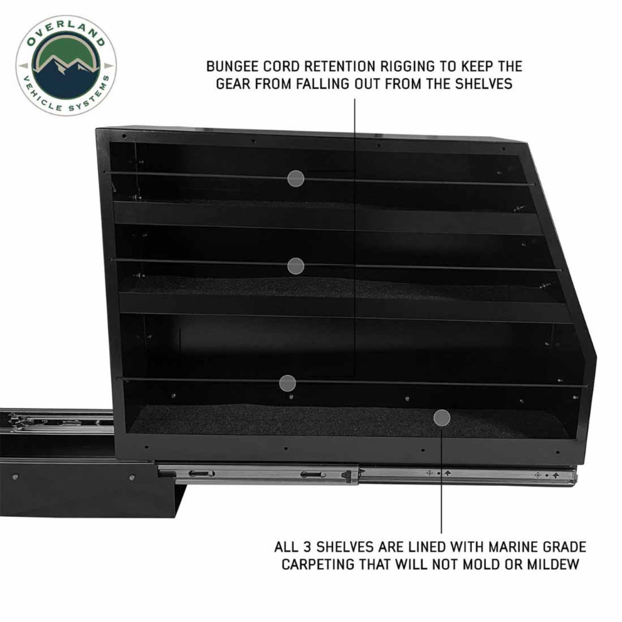 OVS Highline Slide Out Camping Storage System - Black Powder Coat bungee cord retention, shelved lined with marine grade carpeting