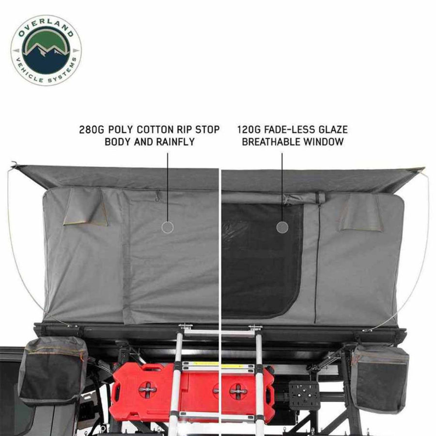 OVS HD Sidewinder Side Load Aluminum Hard Shell Roof Top Tent, Grey Body & Green Trim window and rainfly