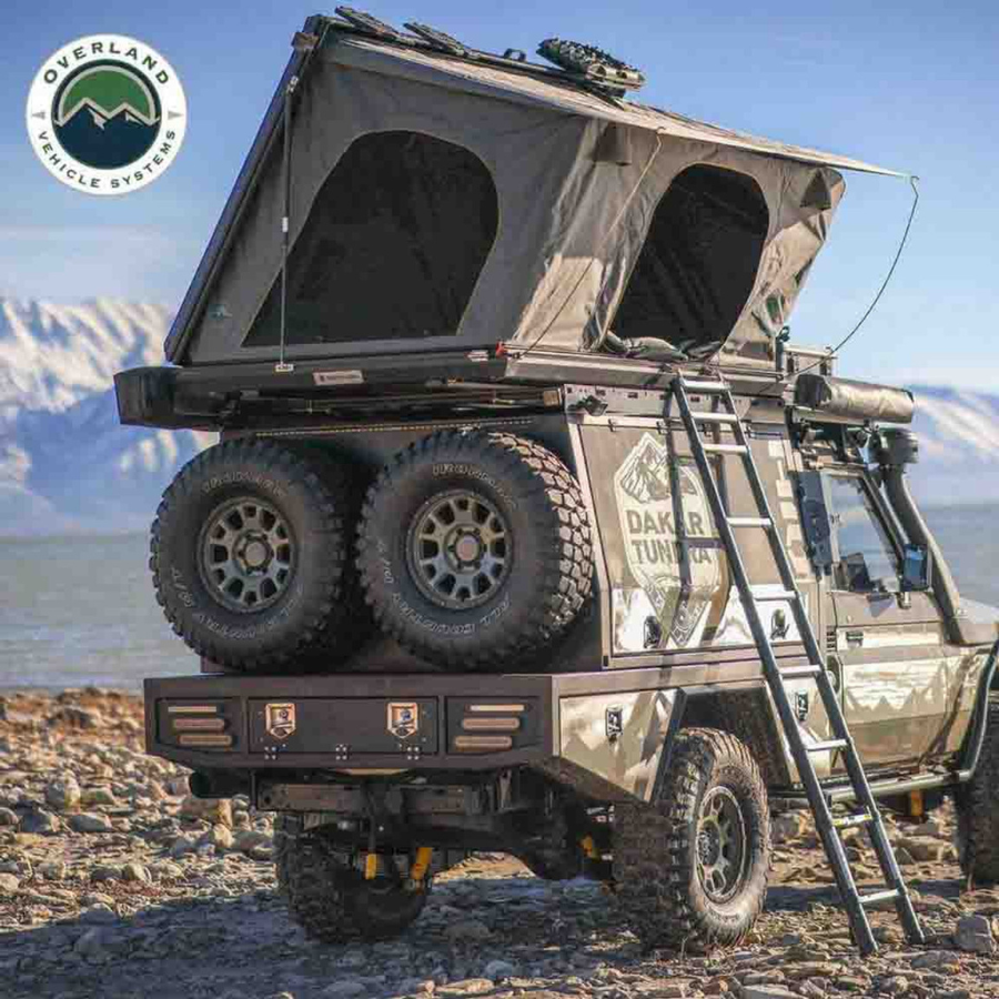 OVS HD Sidewinder Side Load Aluminum Hard Shell Roof Top Tent, Grey Body & Green Trim on truck