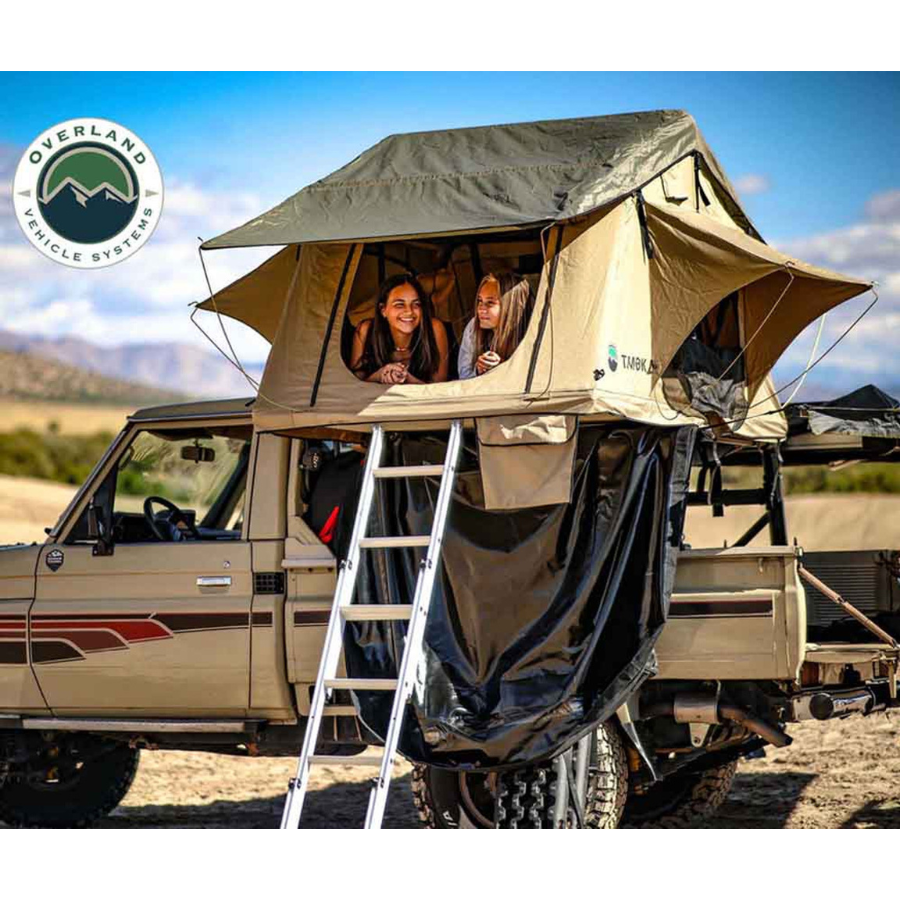 OVS LD TMBK 3 Soft Shell Roof Top Tent, Tan Body & Green Rainfly on truck