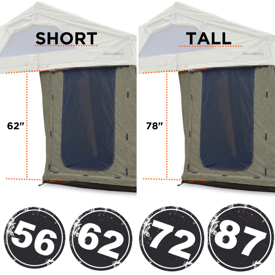 23ZERO Annexes for Walkabout™ Roof-Top Tent size comparison short and tall