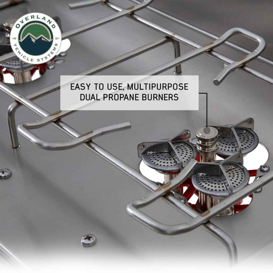 OVS Komodo Camp Kitchen - Dual Grill, Skillet, Folding Shelves, And Rocket Tower - Stainless Steel burners