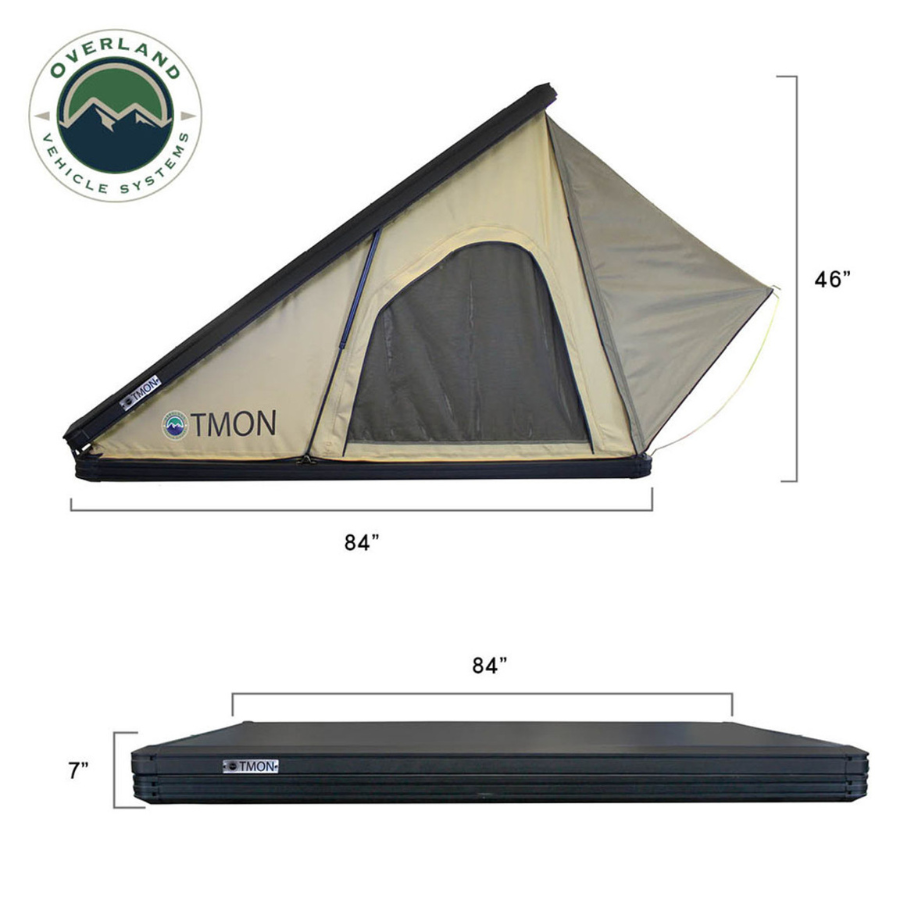 OVS LD TMON Clamshell Aluminum Hard Shell Roof Top Tent - 2 Person Capacity, Tan Body & Green Rainfly dimensions 