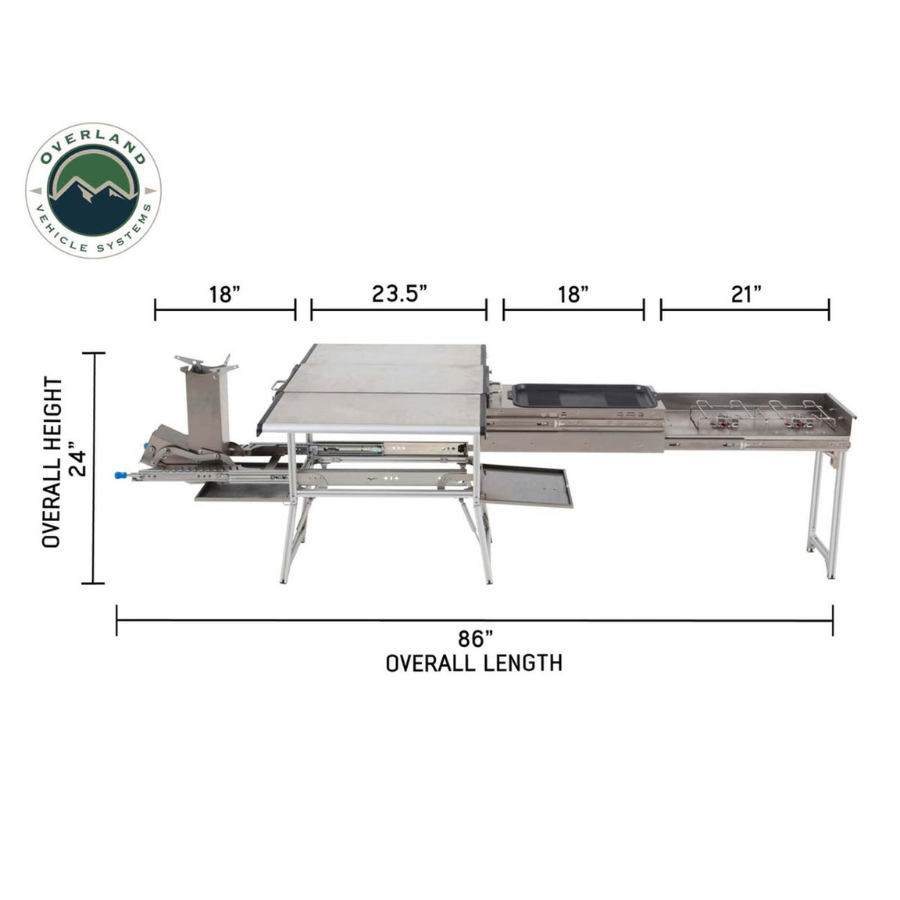 OVS Komodo Camp Kitchen - Dual Grill, Skillet, Folding Shelves, And Rocket Tower - Stainless Steel dimensions