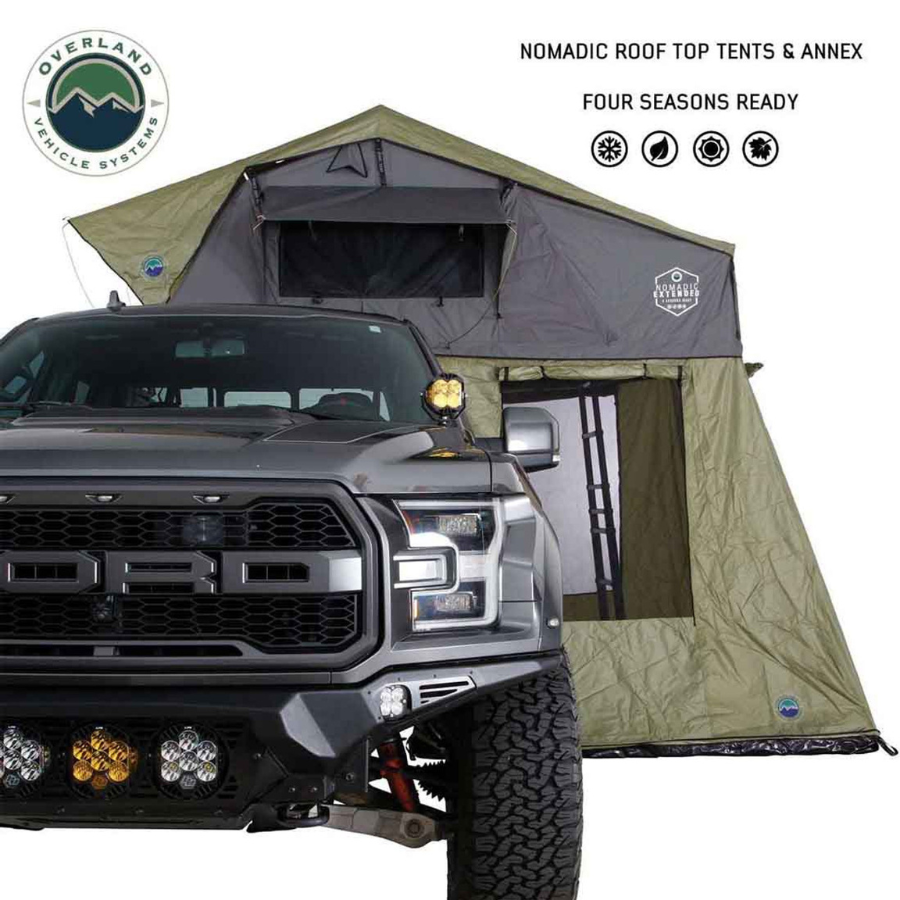 OVS HD Nomadic 4 Roof Top Tent Annex Green Base With Black Floor & Travel Cover side view on ford raptor