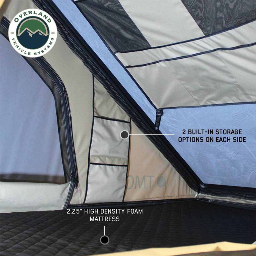 OVS LD TMON Clamshell Aluminum Hard Shell Roof Top Tent - 2 Person Capacity, Tan Body & Green Rainfly interior storage and mattress 