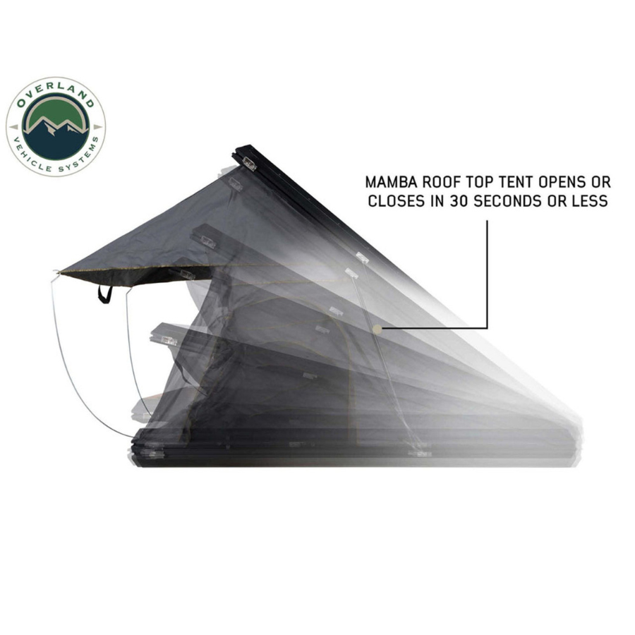 OVS HD Mamba Clam Shell Aluminum Hard Shell Roof Top Tent, Grey Body & Green Trim close in 30 seconds or less