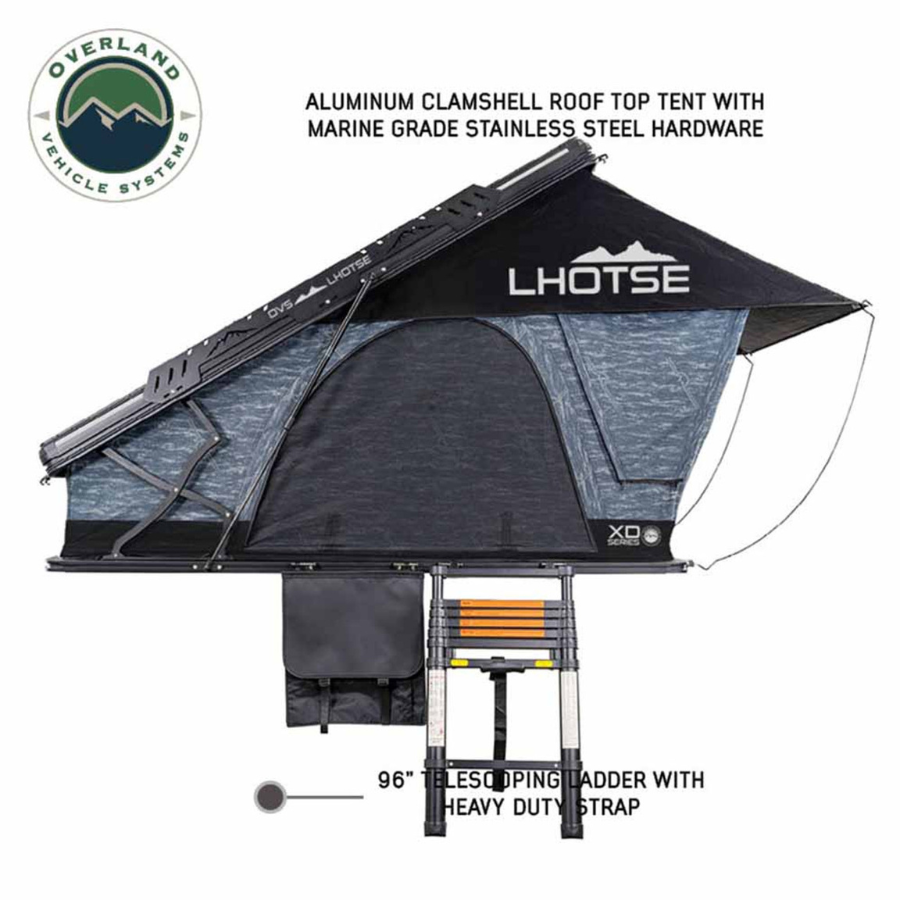 OVS XD Lhotse Clam Shell Aluminum Hard Shell Roof Top Tent, Blue Body & Black Rainfly telescoping ladder 