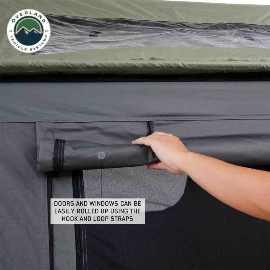 OVS HD Nomadic 4 Extended Soft Shell Roof Top Tent, Grey Body & Green Rainfly door and window hook and loop straps