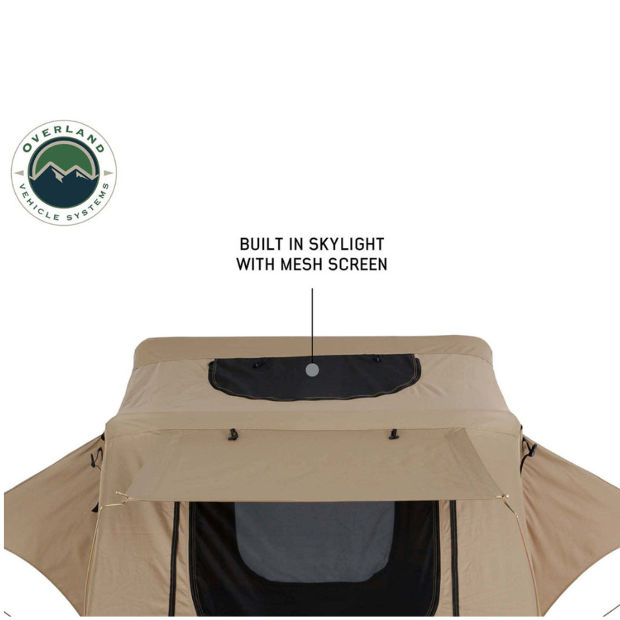 OVS LD TMBK 3 Soft Shell Roof Top Tent, Tan Body & Green Rainfly skylight 