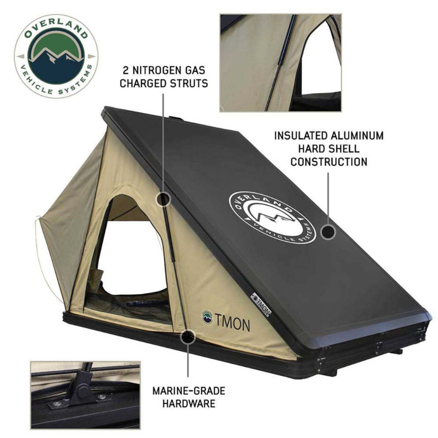 OVS LD TMON Clamshell Aluminum Hard Shell Roof Top Tent - 2 Person Capacity, Tan Body & Green Rainfly exterior gas struts 