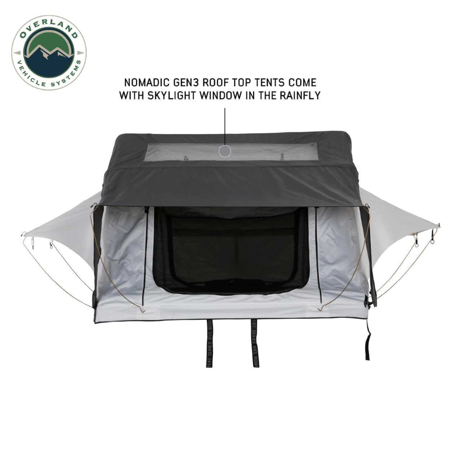 OVS HD Nomadic 3 Arctic White Extended Soft Shell Roof Top Tent, White Body Dark Grey Rainfly skylight window 