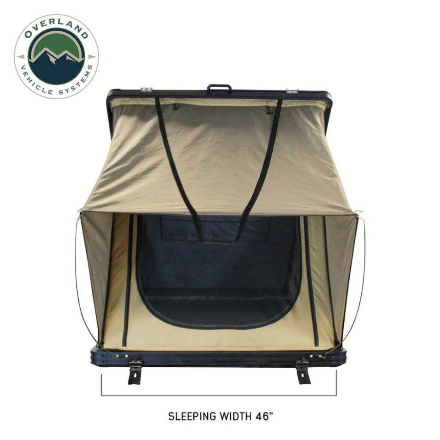 OVS LD TMON Clamshell Aluminum Hard Shell Roof Top Tent - 2 Person Capacity, Tan Body & Green Rainfly sleeping width