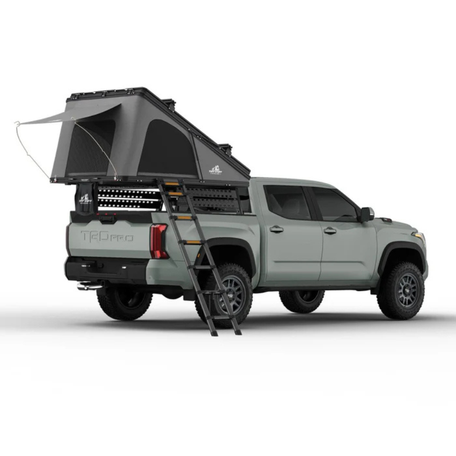 Tuff Stuff Overland Alpine 61 Hardshell Rooftop Tent, Aluminum, 2-3 Person, Black half opened rear right view