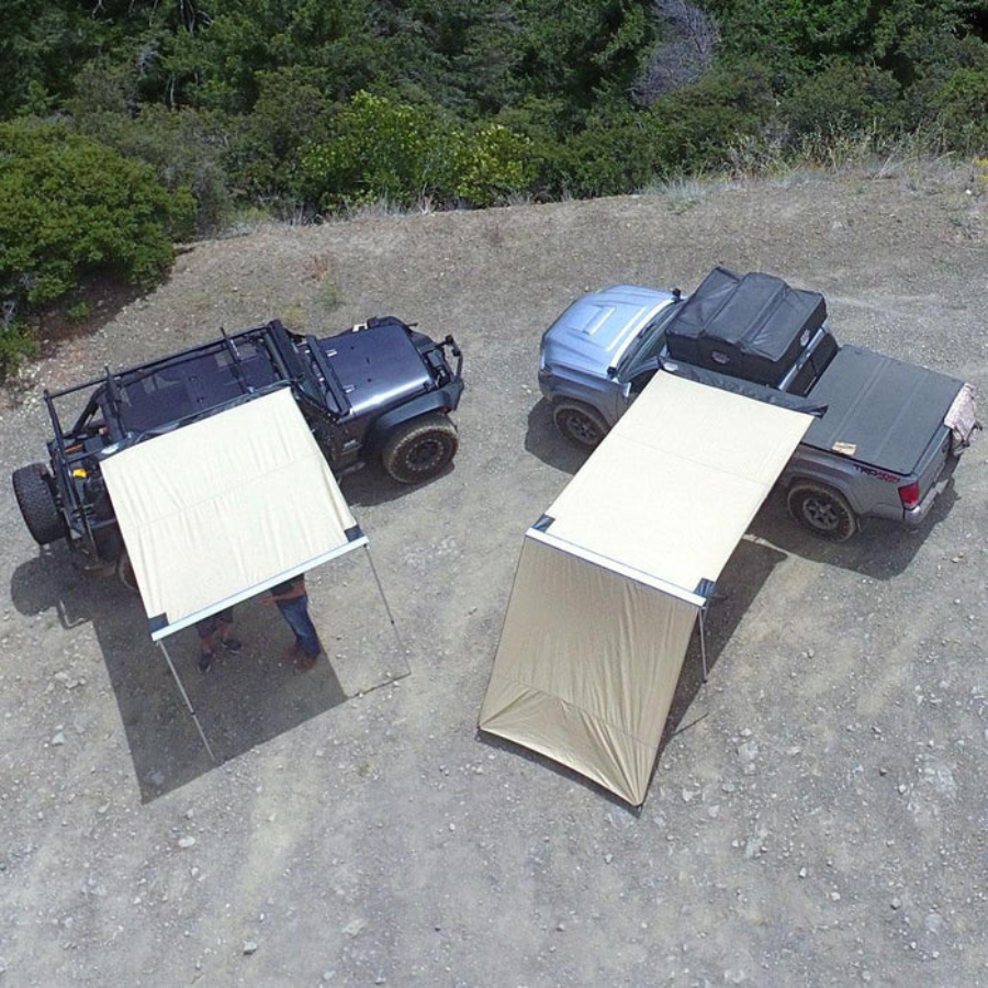 Tuff Stuff Overland Truck or Car Awning, 6.5x8 Feet, Poly-Cotton Ripstop Fabric, Tan top view beside another awning