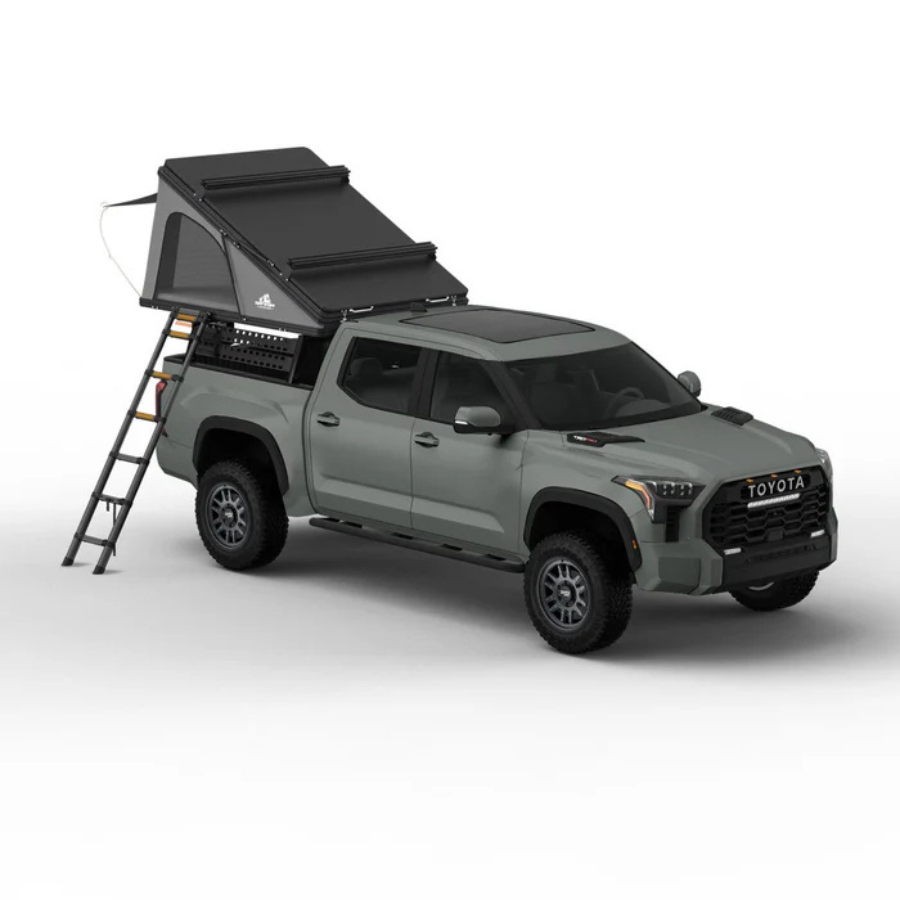 Tuff Stuff Overland Alpine 61 Hardshell Rooftop Tent, Aluminum, 2-3 Person, Black half opened front left view