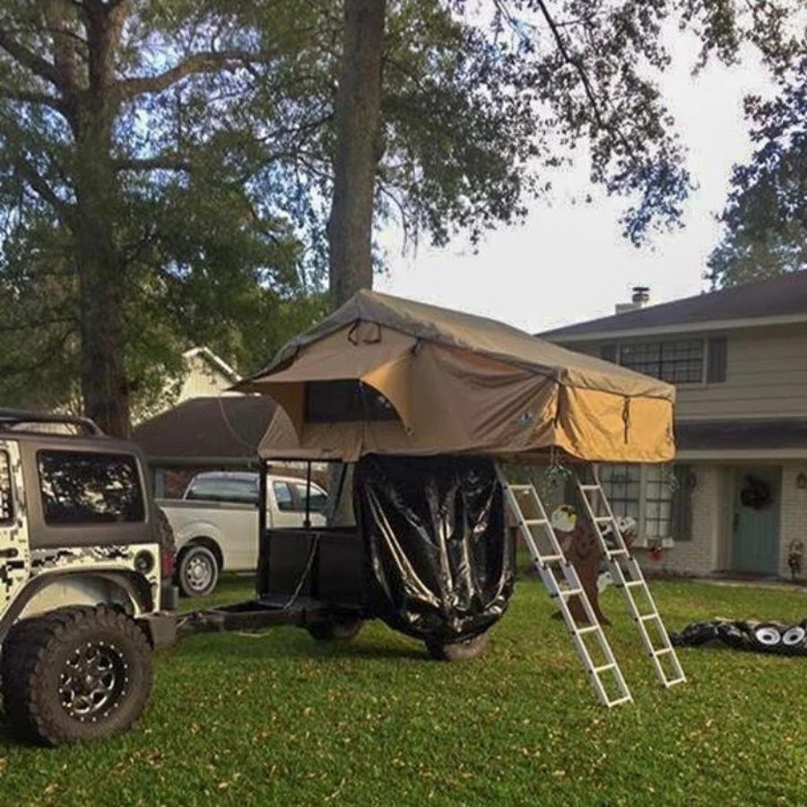 Tuff Stuff Overland Elite Rooftop Tent Includes Annex Room, 4-5 Person, Tan on trailer