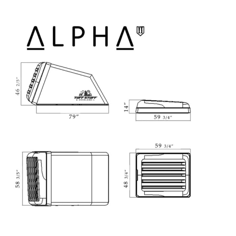 Tuff Stuff Overland Alpha II Hardshell Rooftop Tent, ABS, 2 Person, Black shell dimensions 