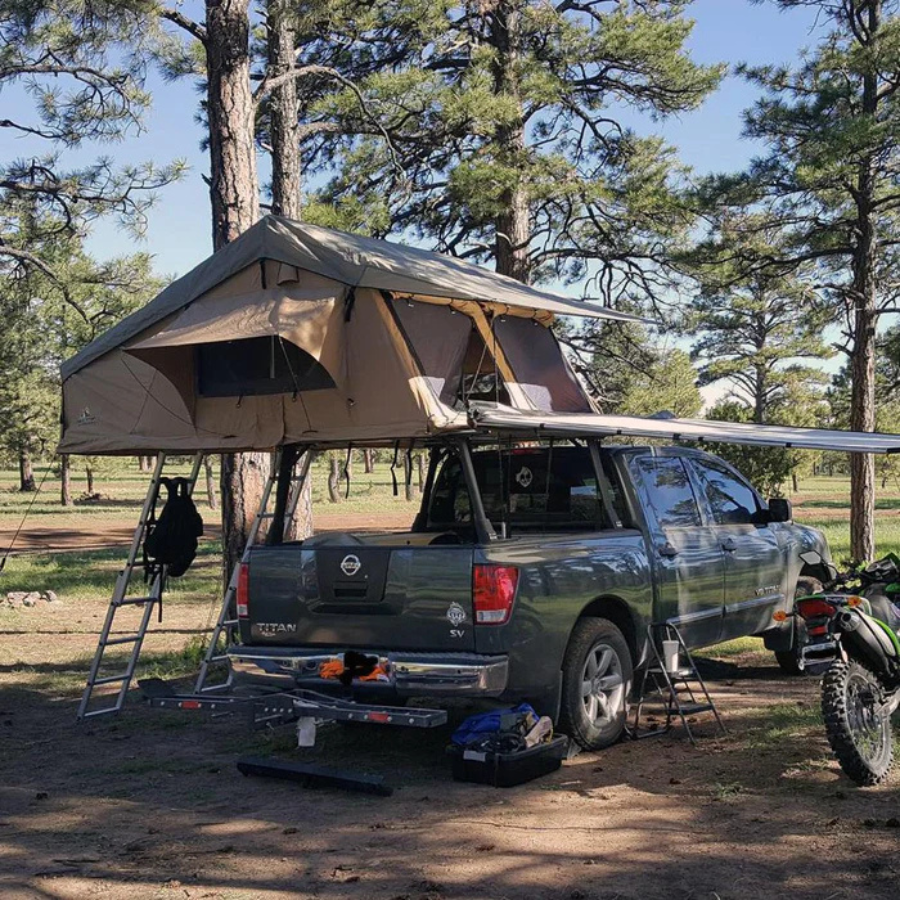 Tuff Stuff Overland Elite Rooftop Tent Includes Annex Room, 4-5 Person, Tan right rear view