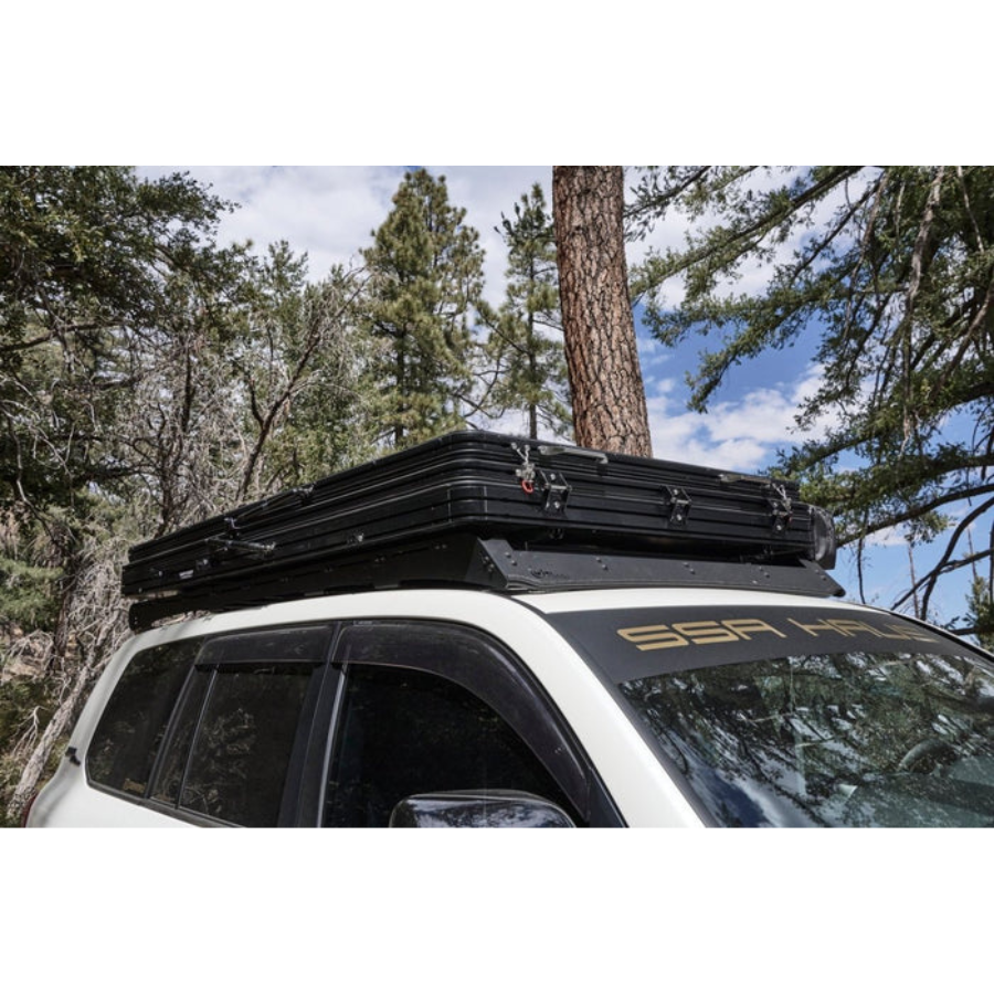 Tuff Stuff Overland Alpine 61 Hardshell Rooftop Tent, Aluminum, 2-3 Person, Black closed close up view outdoor