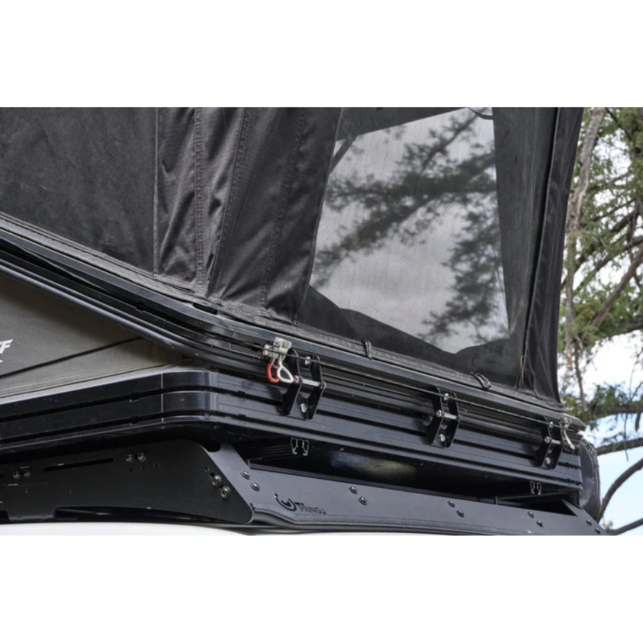 Tuff Stuff Overland Alpine 61 Hardshell Rooftop Tent, Aluminum, 2-3 Person, Black close up of hinges