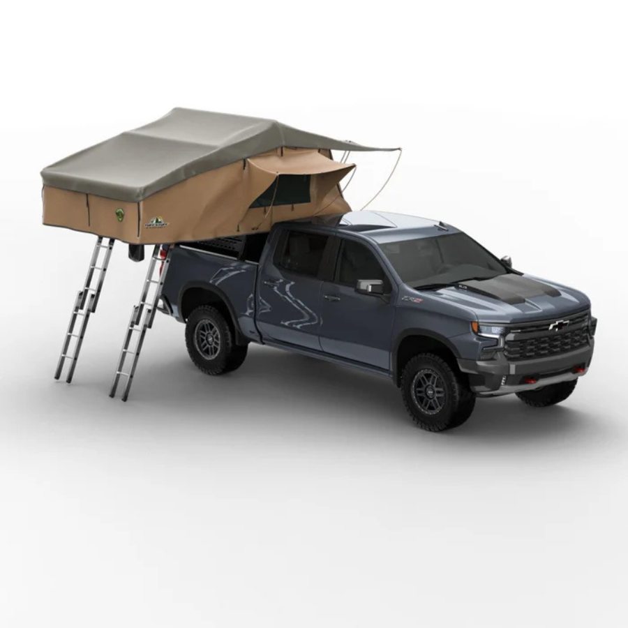 Tuff Stuff Overland Elite Rooftop Tent Includes Annex Room, 4-5 Person, Tan front right profile view