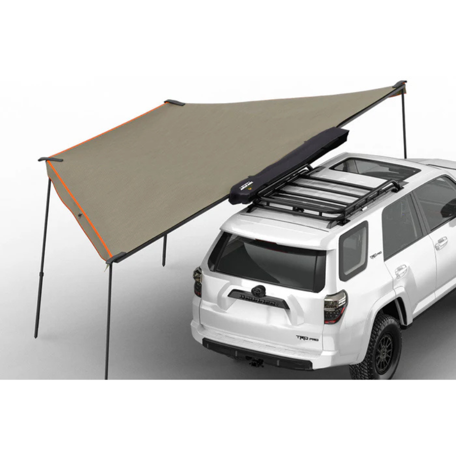 Tuff Stuff Overland 180 Degree Awning, XL, Driver or Passenger Side, C-Channel Aluminum, Olive rear right upper view