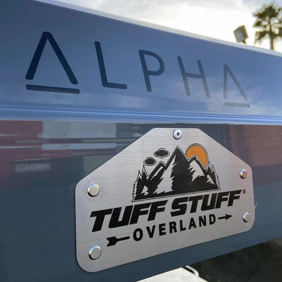 Tuff Stuff Overland Alpha Hardshell Rooftop Tent, ABS, 2-3 Person, Gray close up logo placard