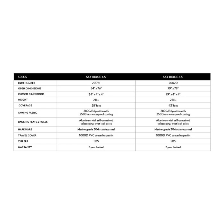 Body Armor 4x4 SKY RIDGE 6.5' AWNING dimensions