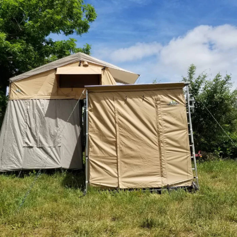 Tuff Stuff Overland Awning Shelter Room w/ PVC Floor, 280G Material, 6.5'x8' front view with roof top tent and annex